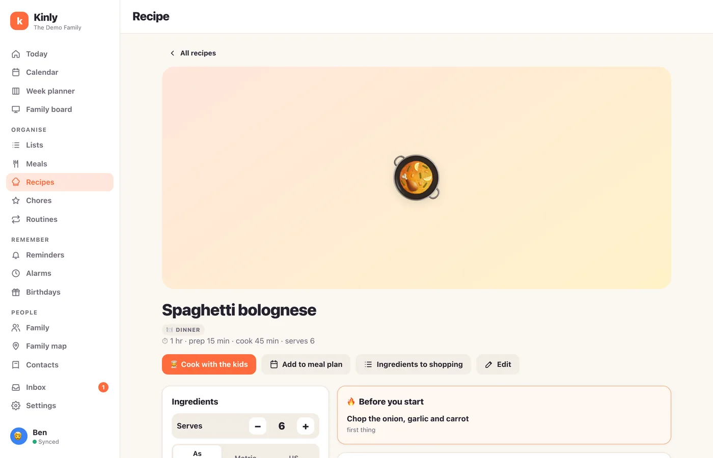 A recipe in cook mode